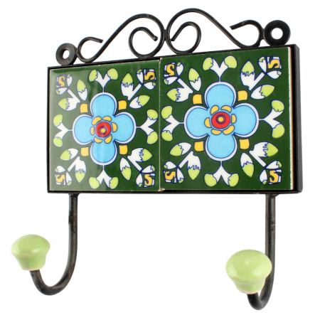 Ceramic Floral Tile Wall Hook in Forest Green